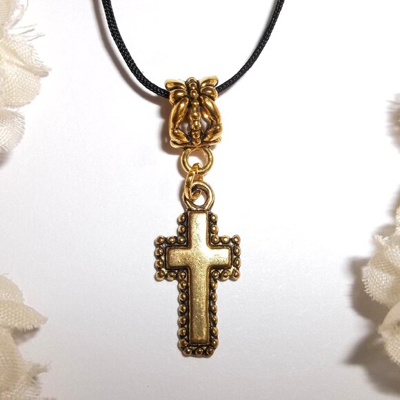Gold Cross Necklace Unisex Gift Medallion Cord Necklace Adjustable Jewelry C820 - Picture 1 of 5